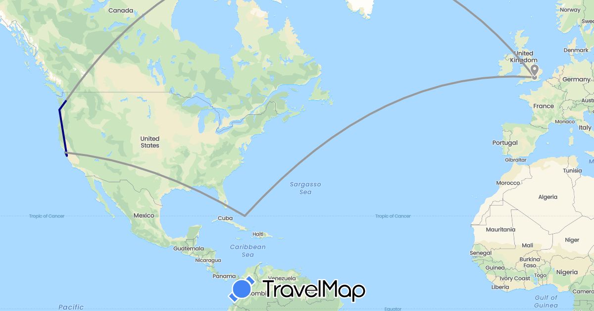 TravelMap itinerary: driving, plane in Bahamas, United Kingdom, United States (Europe, North America)