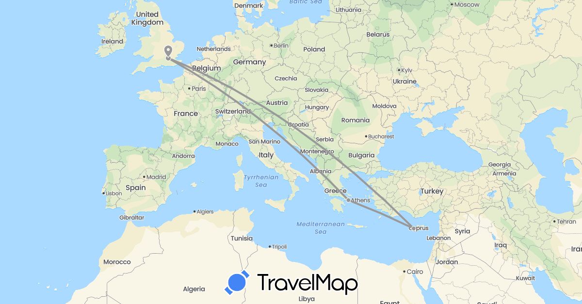 TravelMap itinerary: driving, plane in Cyprus, United Kingdom, Greece (Asia, Europe)